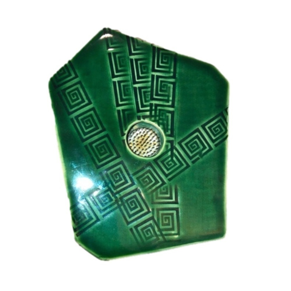 VTG Greek Key Ceramic Glazed Green Abstract Plate Flower Frog 8” x 6.5”